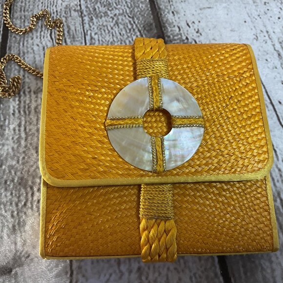 Rare Liza Castro Marigold Yellow Buntal Palm Bag Mother Of Pearl Detail Bohemian - Picture 2 of 6